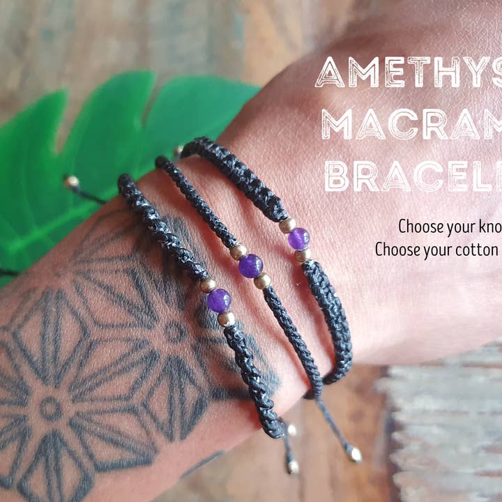 Amethyst crystal gemstone macrame braided black bracelet for wholesale by Jasper Rocks