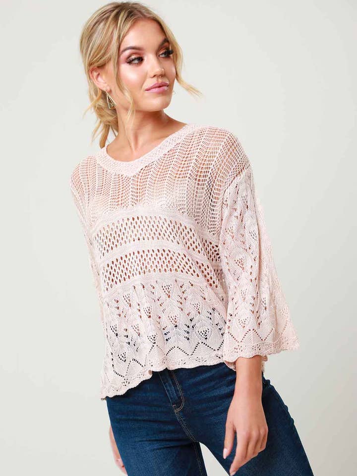 Violet Pink Crochet V Neck Knitted Jumper for wholesale by Urban Bliss