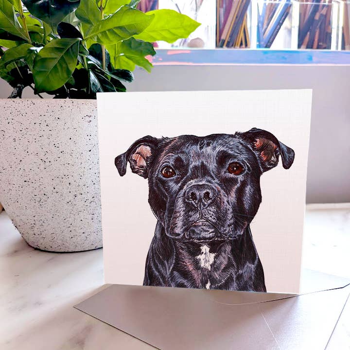 Staffordshire Bull Terrier Black Most Pupular Greetings Card for wholesale by Amber Marie Studio