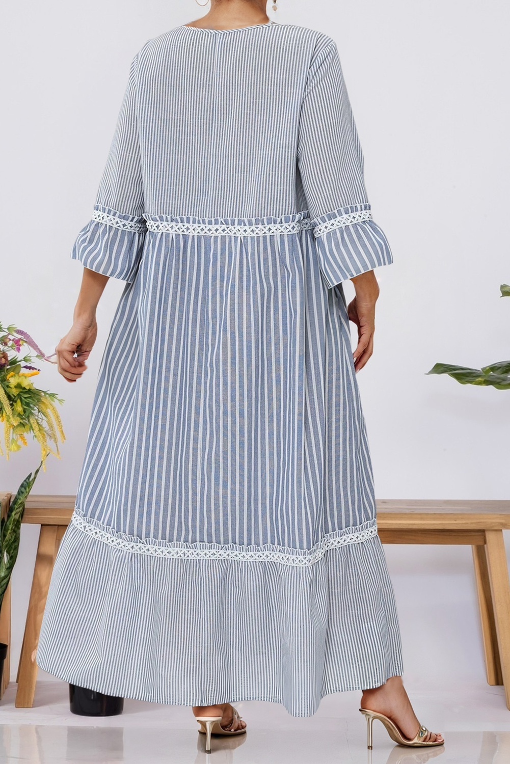 Blue Spring 2026  Stripe Crisscross Lace Patch Shift Dress (S-4X) for wholesale on Faire2