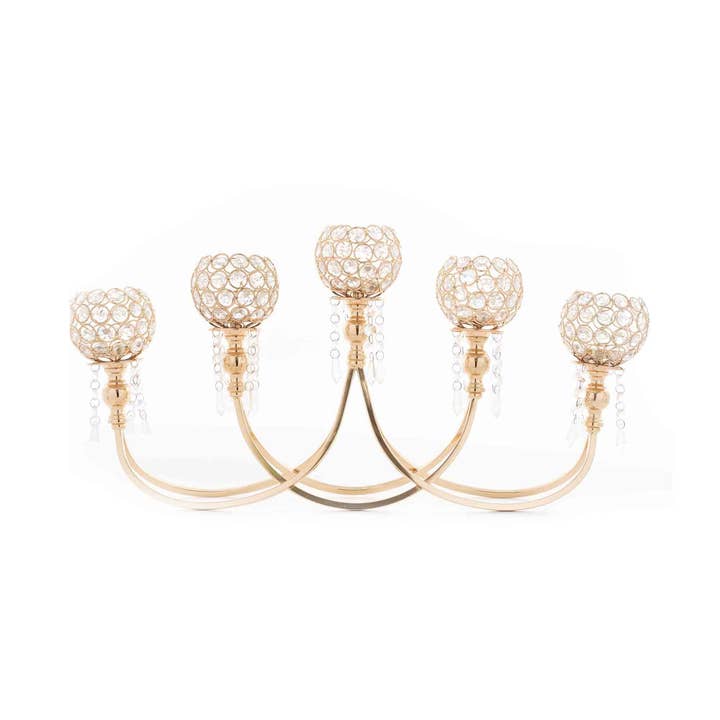 Portofino International Trading, USA - Wholesale Candle Holder - Crystal Bead Tabletop Low Candelabra 13.25" - Gold