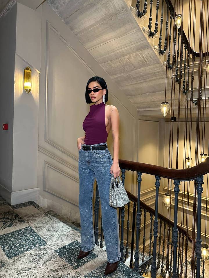 Kvinders Rhinestone Lycra palazzo Høj Talje Glitrende Jeans for engroshandel hos Shebelle