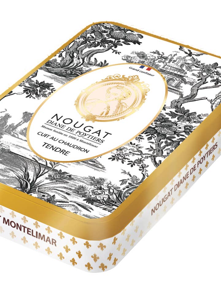 Turrón de Montélimar IGP blando Caja metálica Castillo 200g para venta al por mayor de Nougat Diane De Poytiers