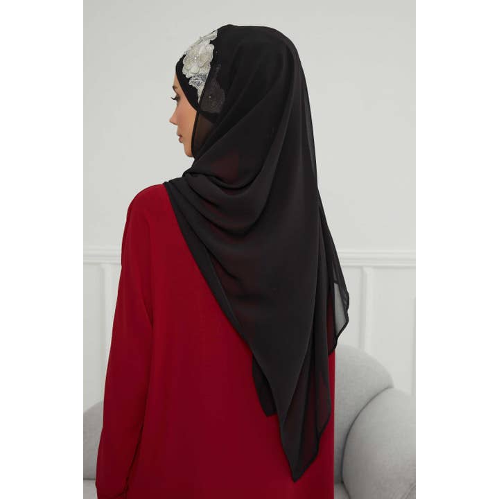 Aisha's Design - Wholesale Hijab – Women’s - Luxury Instant Chiffon Hijab with Floral Lace, Ready-to-Wear Chiffon Hijab with Embroidered Flowers,CPS-1015