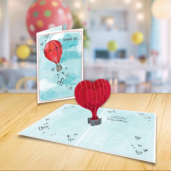 Heart Air Balloon 3D Birthday Card Pop-Up Red Balloon Design for wholesale by Designer Pop!
