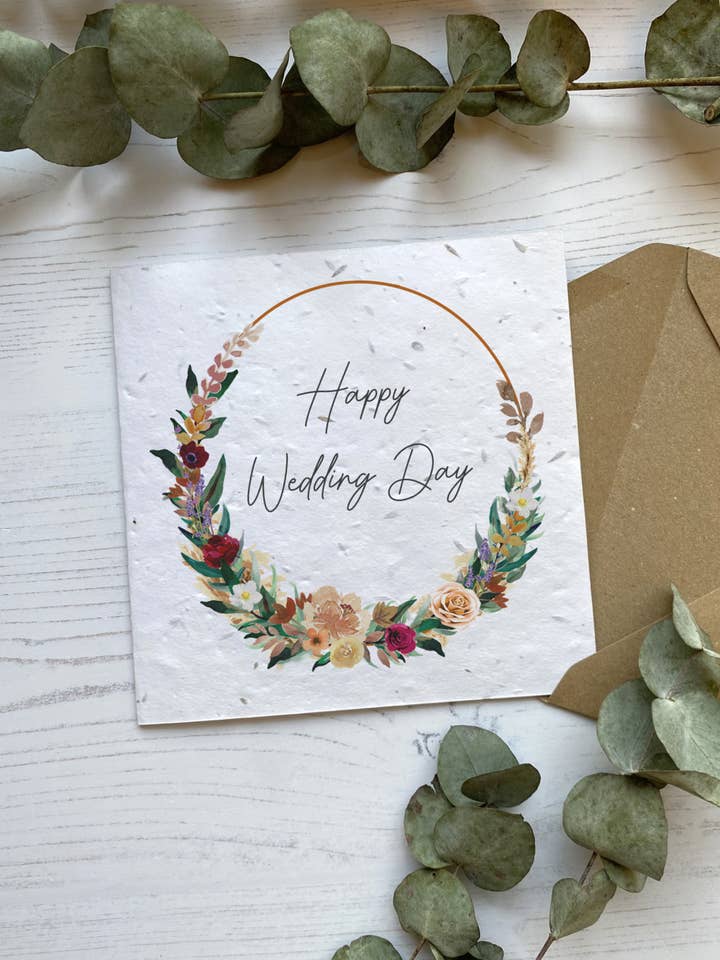 Seed Paper Happy Wedding Day Card - Burgundy Boho Flowers for wholesale by PoppyForrest