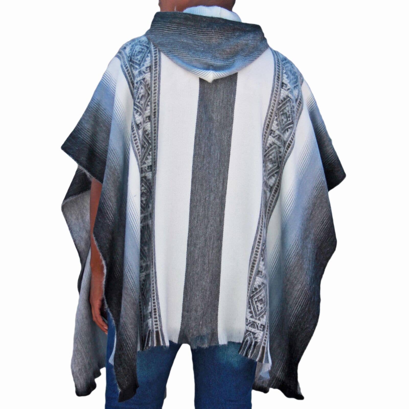 ECUALAMA – wholesale Poncho – Women's – Lightweight Baby Alpaca Wool Unisex Hooded Poncho Pullover - White/Gray6