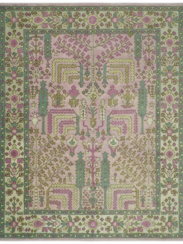 Op maat gemaakte levensboom traditioneel floraal lichtpaars, groen, olijf en beige handgetufte wollen vloerkleed voor wholesale door The Rug Decor, Inc.