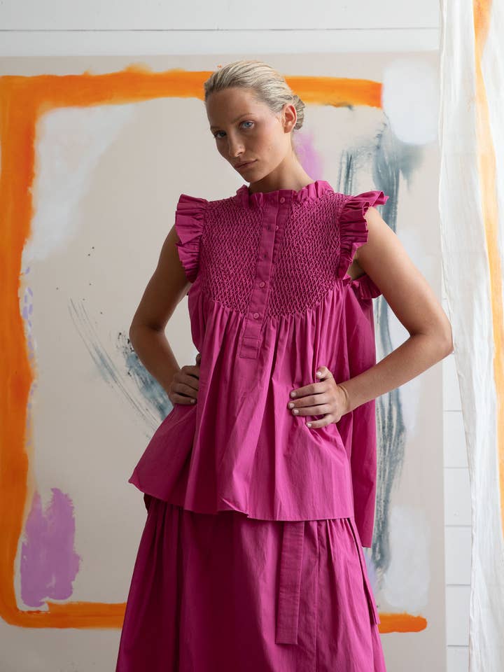 Blouse Azur en coton uni rose électrique pour la vente par TEIJA