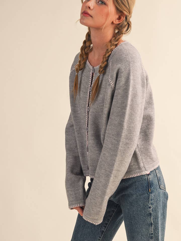 &MERCI - Wholesale Cardigan - Women's - CONTRAST BLANKET STITCH SWEATER CARDIGAN MSW1119623