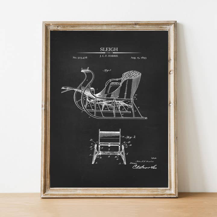 Sleigh Patent Vintage Art Print - Black for wholesale by Pink Lemon Decor