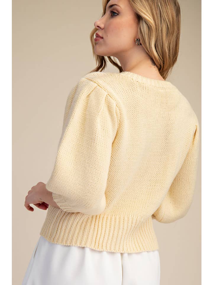 Glam - Wholesale Knit Sweater - Women's - Short Puff Sleeve Button Down Sweater - Reorder Friendly22