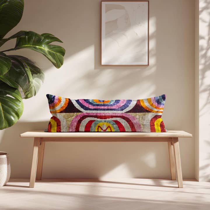 Handwoven Silk Velvet Lumbar Pillow: Rainbow Ikat for wholesale by Samarra Home