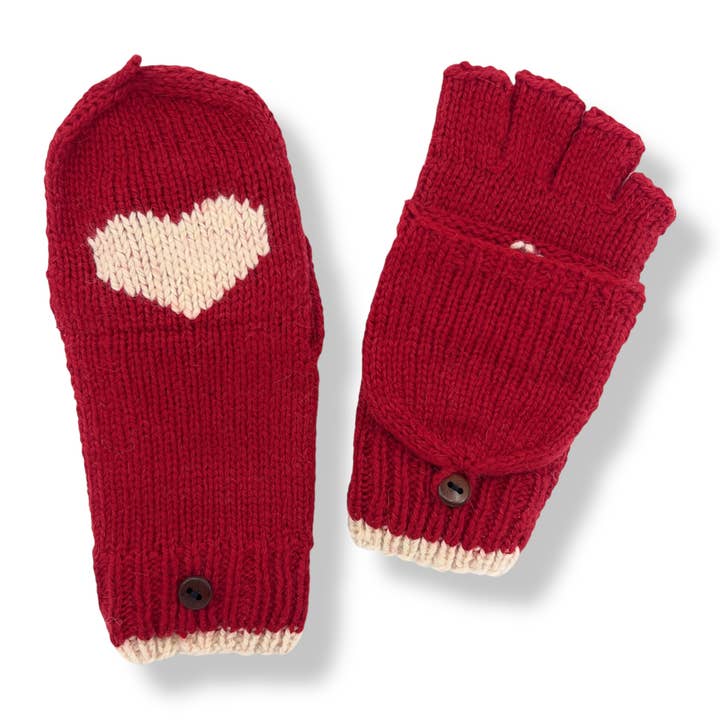 Alpaca Heart Convertible Cable Flip Mitten Fingerless Glove for wholesale by Ella Sussman