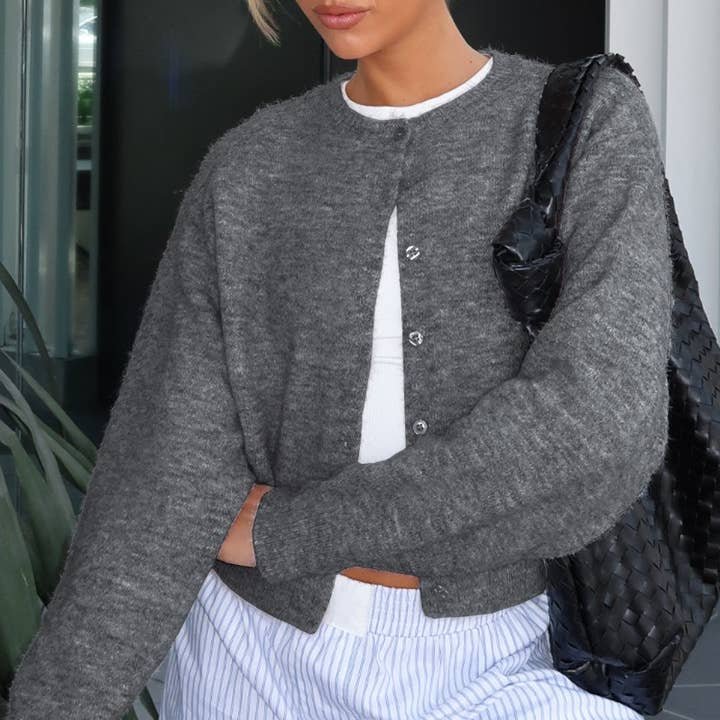 Plain R-neck button down cropped knit cardigan and other Purchase Wholesale button down cardigan. Free Returns & Net 60 Terms on Faire trending on Faire.