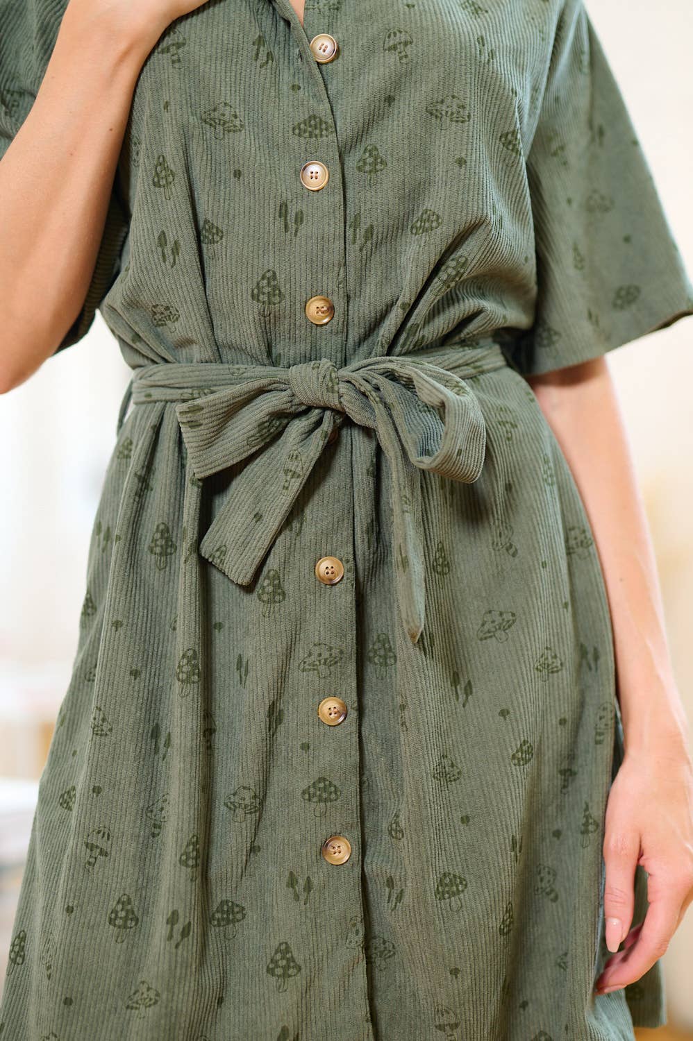 SM WARDROBE – wholesale Dress – Women's – MUSHROOM PRINT CORDUROY SHIRT DRESS - GREEN2