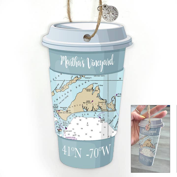 Coffee Cup FLAT WOOD MAP Ornament- Custom Location! for wholesale by Map Mom