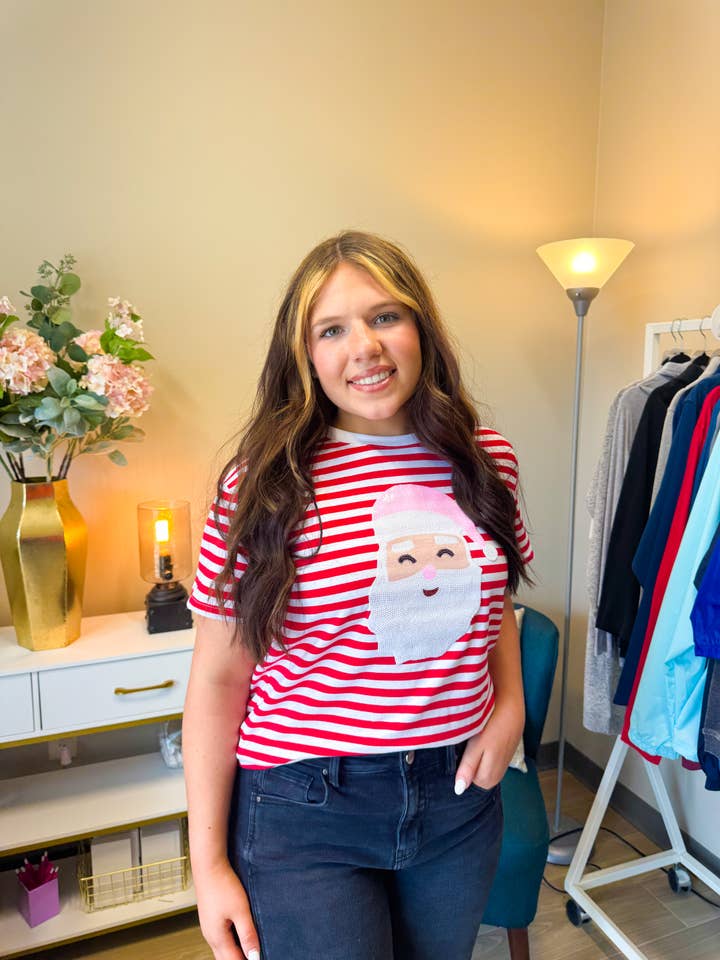 Short Sleeve Striped Santa Sequin Tee for wholesale by Rush: Greek Gifts