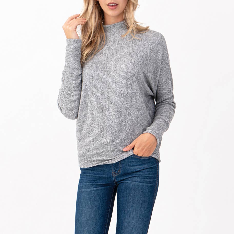 Heimious - Wholesale Knit Top - Women's - Mock Neck Long Dolman Sleeve Ribbed Knit Top, T2616