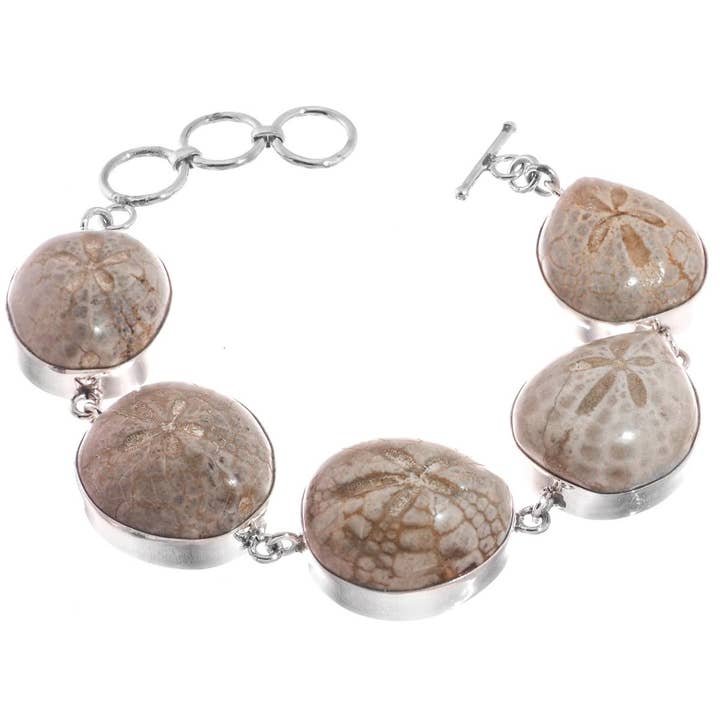 925 silver madagascar fossil sand dollar sterling adjustable bracelet, 6.5-7.5" for wholesale by FifiRose