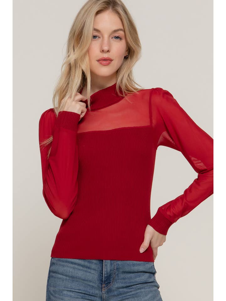 Active Basic | Active USA - Wholesale Knit Top - Women's - Long Sleeve Mock Neck Mesh Panel Detail Sweater Top