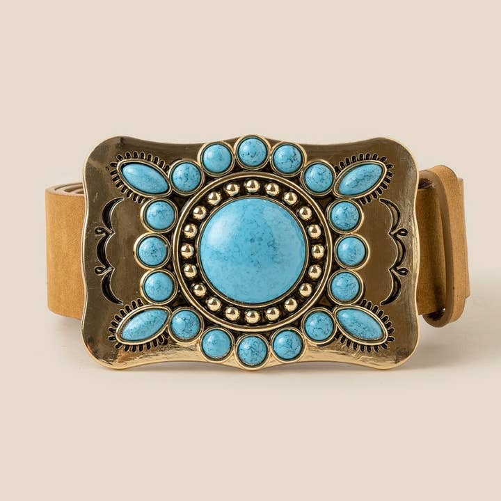 Large Western Turquoise Stone Concho Buckle Vegan Leather Belt for wholesale by Anarchy Street