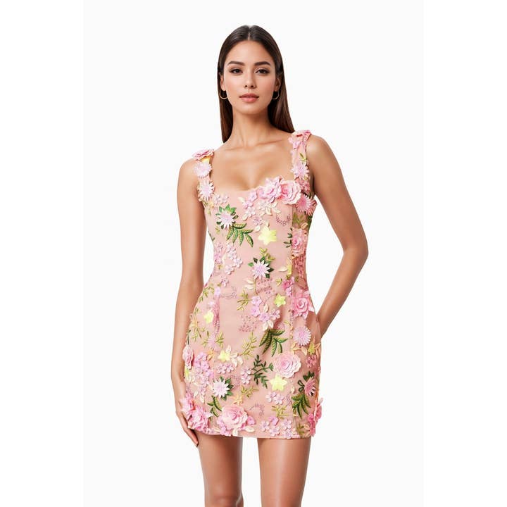 DR708Y 3D Blumen Träger-Minikleid mit hohem Taillenschnitt für den Großhandel von Productseeker