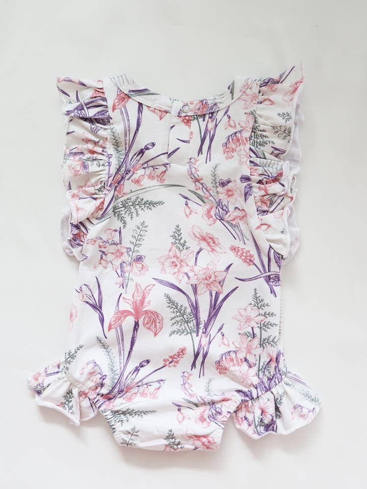 Maman - Wholesale Bodysuit (non-footed) – Baby - Baby Girls Cotton Jersey Ruffle Romper : Ava Floral Botanical Print (Design in Australia)1