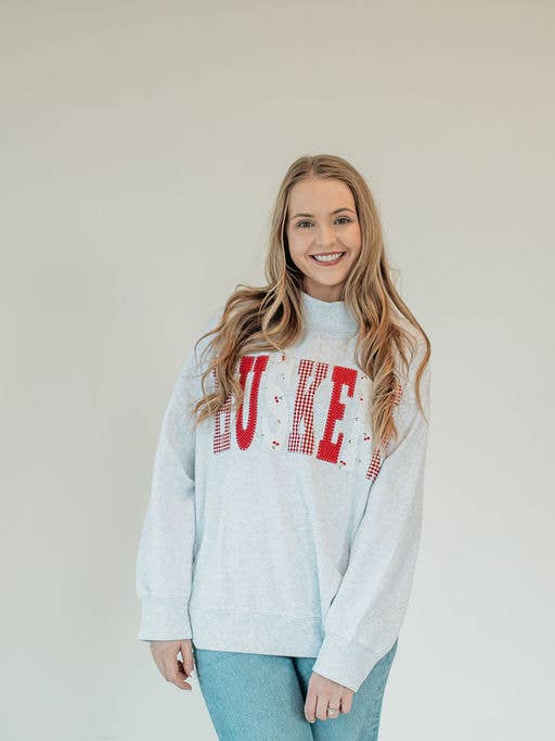 PATCHWORK HUSKERS - GREY MOCKNECK for wholesale by h.flynn