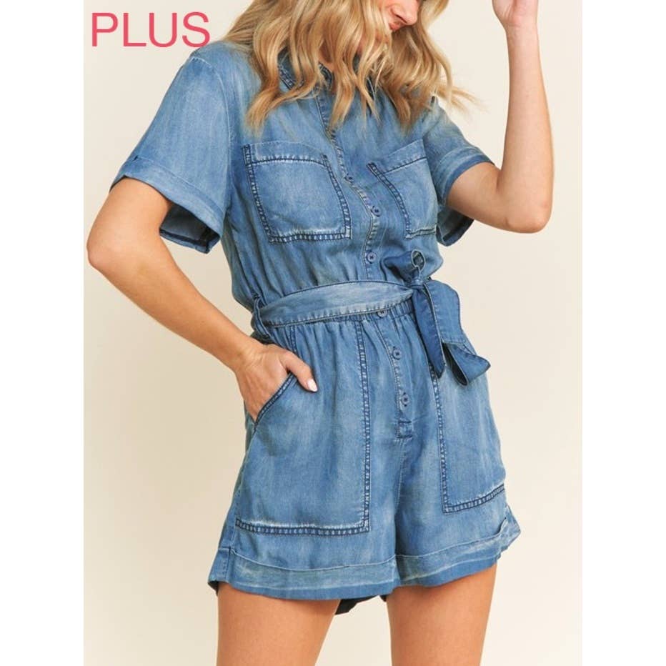 M.DENIM 9377X Plus Size Vasket Tencel Denim Krave Knap-Op Romper for engroshandel på Faire0