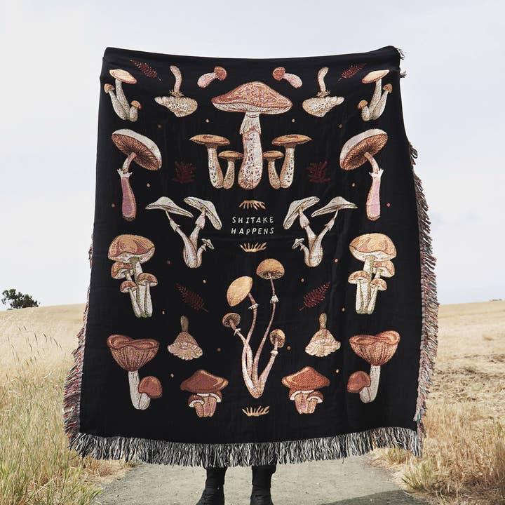 Shitake Happens Woven Throw Blanket Cottagecore Mushrooms for wholesale by Relatable Basic