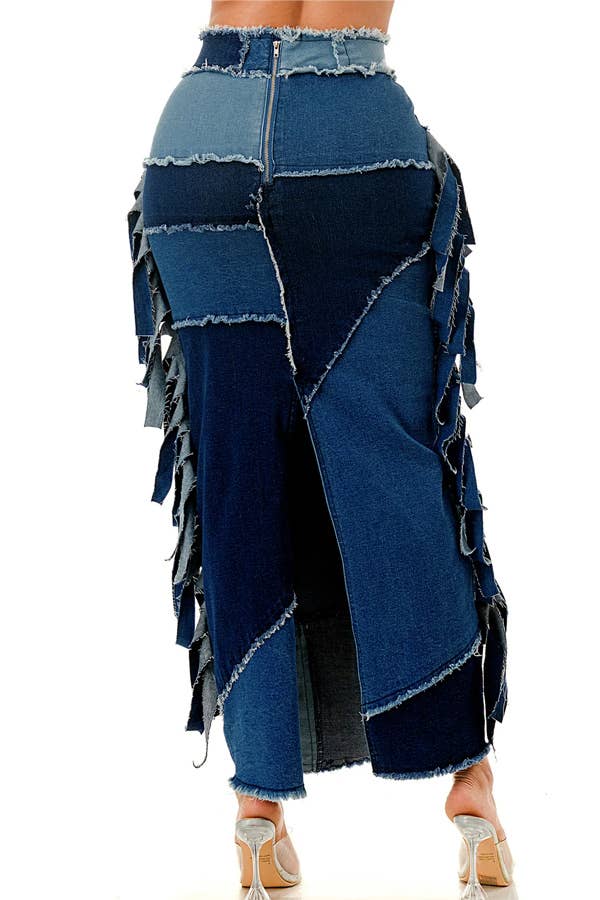 DENIM COMBO Højtaljet farveblok patchwork denimnederdel for engroshandel på Faire2