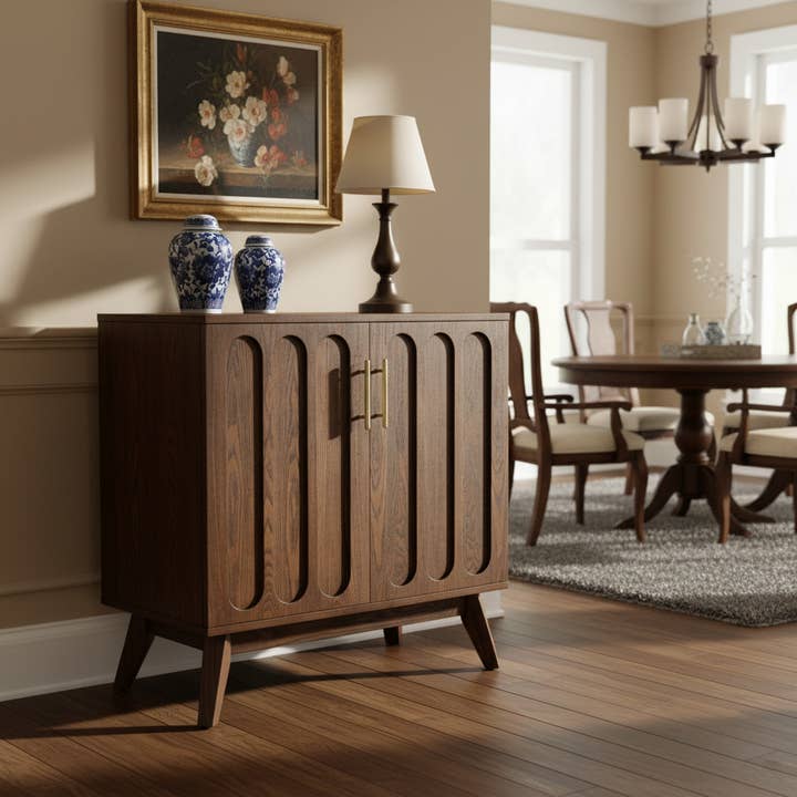 brown Mid Century Fluted Sideboard Cabinet with Storage f Entryway for wholesale on Faire1