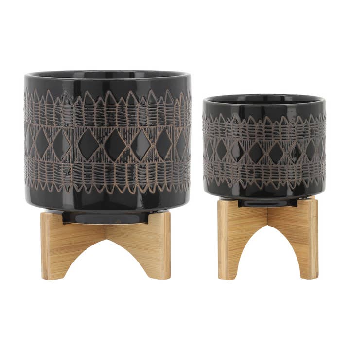 Sagebrook Home - Wholesale Plant Pot - 8/5 in. Black Ceramic Planter with Bamboo Wood Stand S/2