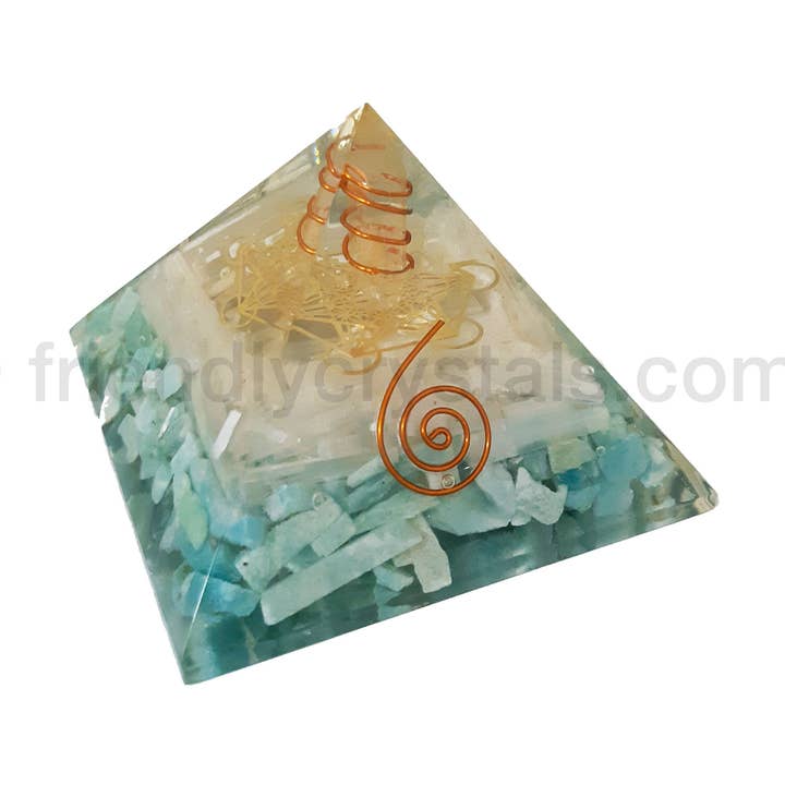 Amazonite with Selenite Sticks- Metatron Pyramid 75-80 mm - NEW for wholesale by Friendly Crystals