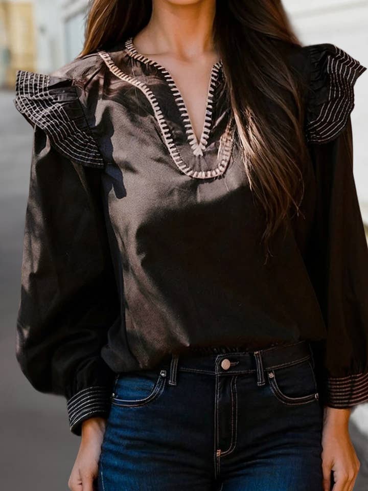 Solid Contrast Stitched Ruffle Long Sleeve Blouse | S-XL for wholesale by Aapparella