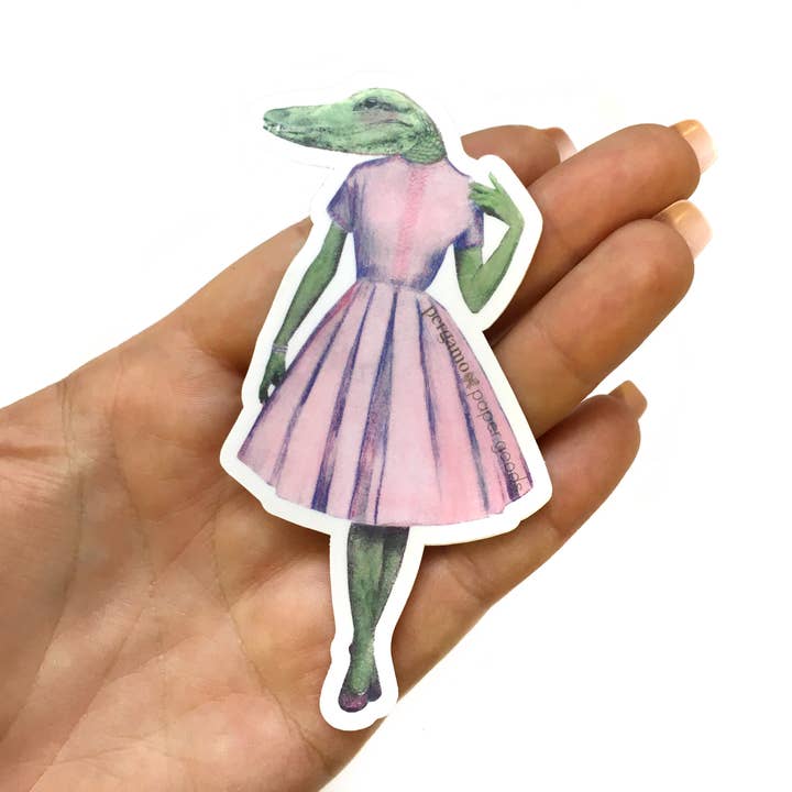 Pink Dress Alligator Lady Illustrated Animal Vinyl Sticker for wholesale by Pergamo Paper Goods
