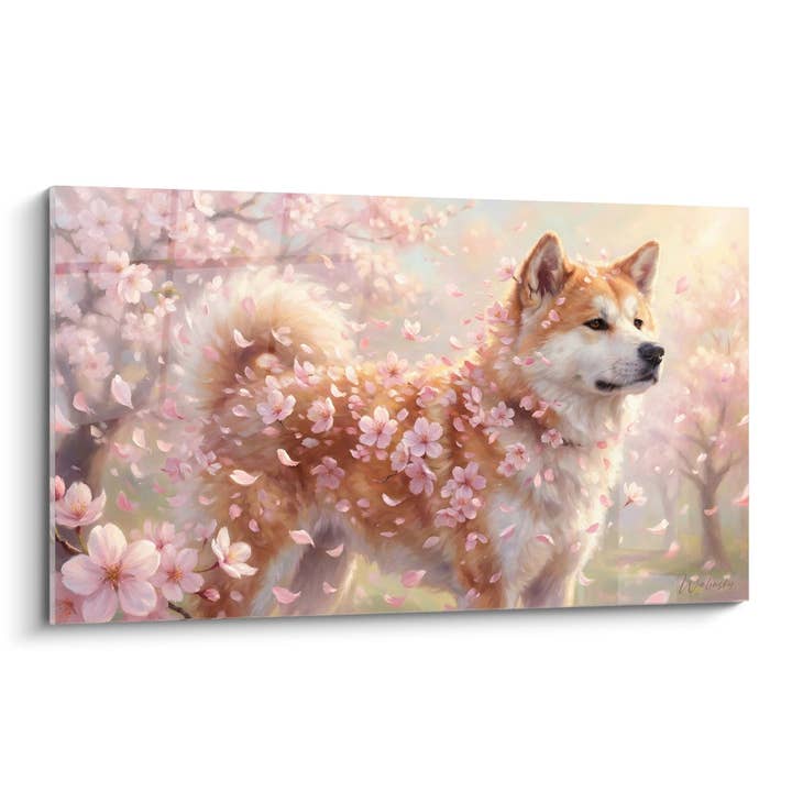 Tableau Akita Inu Parmi les Fleurs de Cerisier - Poésie Printanière - Edition Akita Inu pour la vente par Walensky