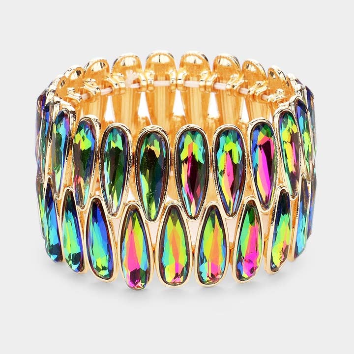 2Rows Elongated Teardrop Stone Cluster Stretch Evening Bracelet for wholesale by Sensibling Corp.