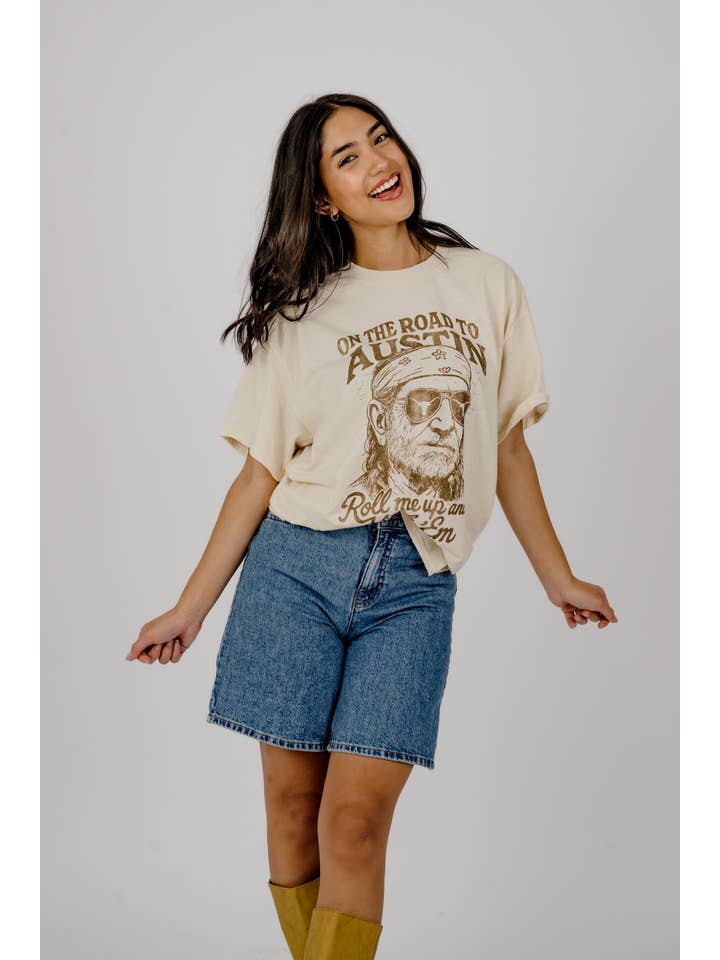 LivyLu - Wholesale Screen Printed T-Shirt - Unisex - Willie Nelson Roll Me Up & Hook Em Horns Thrifted Tee 6