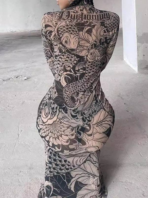 BLACK Long Sleeves Skinny Printed See-Through Split-Joint High Neck Evening Dresses Maxi Dresses for wholesale on Faire3