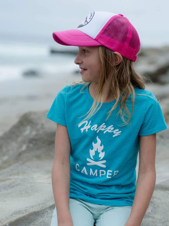 Teal with White Happy Camper Girl's Shirt for wholesale by Outdoorable Apparel