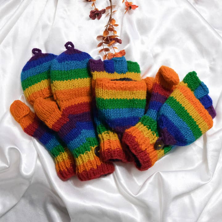 Knitted Rainbow Unisex Wool Gloves With Fleece Lining for wholesale by Karma Nepal Crafts