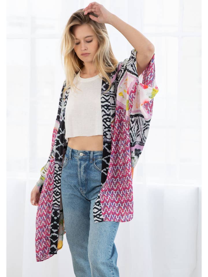 Black Fuchsia Combo Bohemian Floral Abstract Print Cocoon Kimono for wholesale on Faire