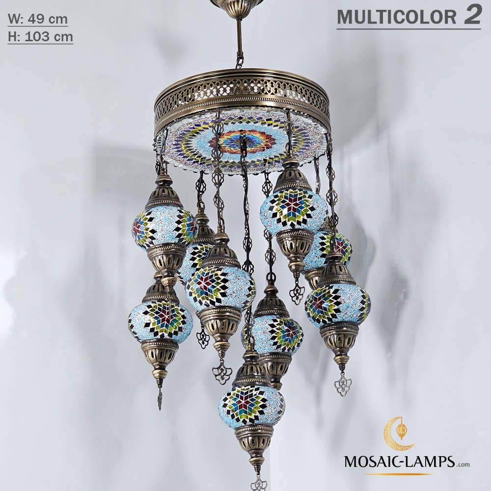 Mosaic Lamps – Großhandel Kronleuchter/Hängeleuchte – 9+1 türkische Kronleuchter mit gemischtem Globusmosaik, gemischte Siedlung15