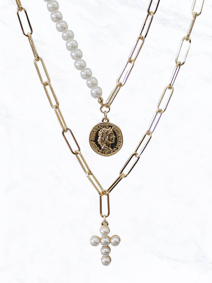 Pearl Cross Medallion Necklace for wholesale by Suzie Q USA