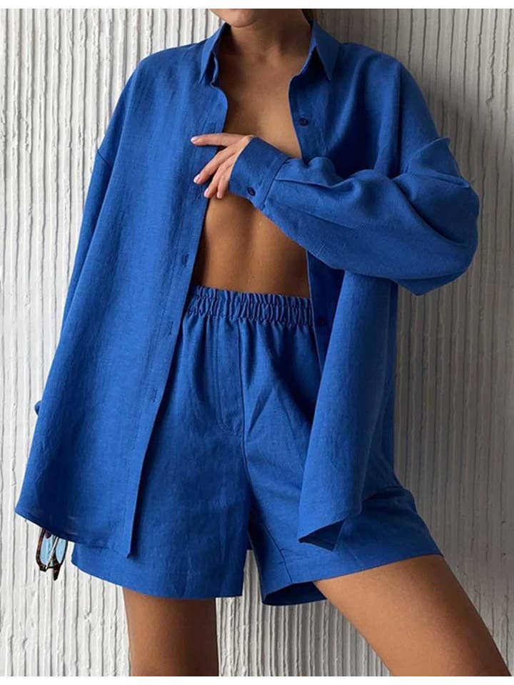 Sweetkama - Wholesale Top & short set (NOT loungewear) – Women’s - Ladies Solid Color Button Down Long Sleeves Shirt & Shorts Set6