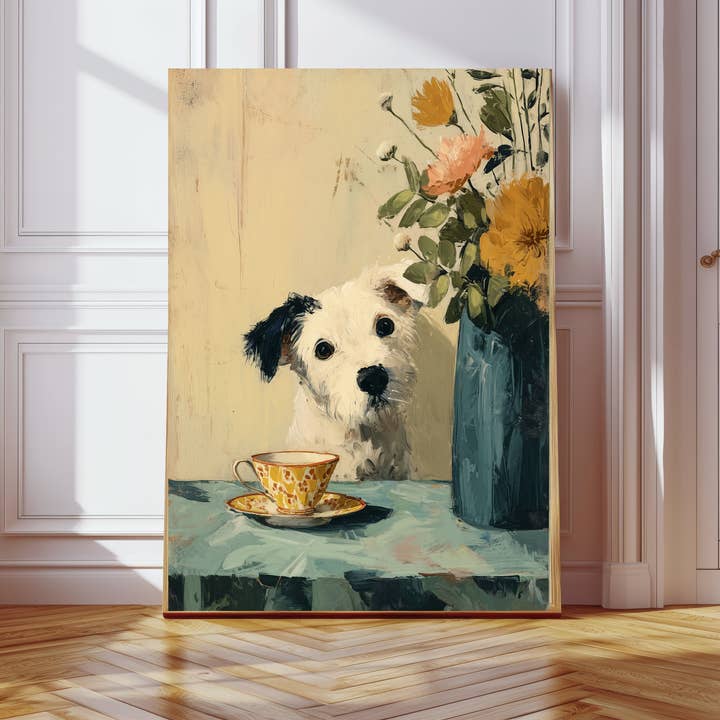 White and Black Dog At The Table Art Print for wholesale by Kumo Art Prints