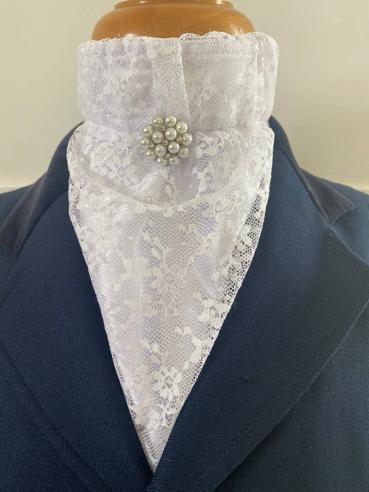 HHD White Satin n Lace ‘Lilly’ Dressage Euro Stock Tie for wholesale by Heavenly Horse Designs