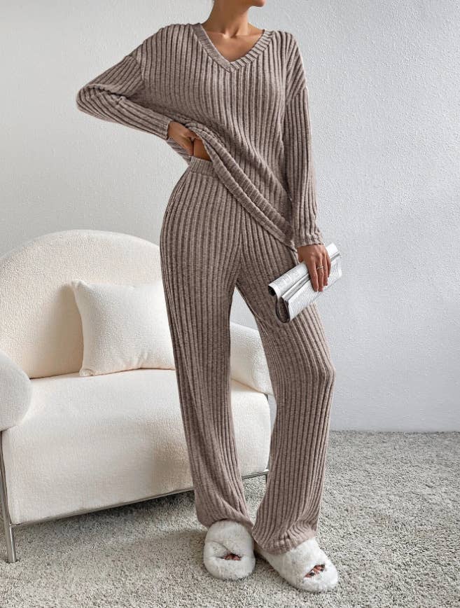 HIDDENBRAND - Wholesale Sleepwear Set - Women's - Ribbed Knit Long Sleeve Lounge Pajama Set0